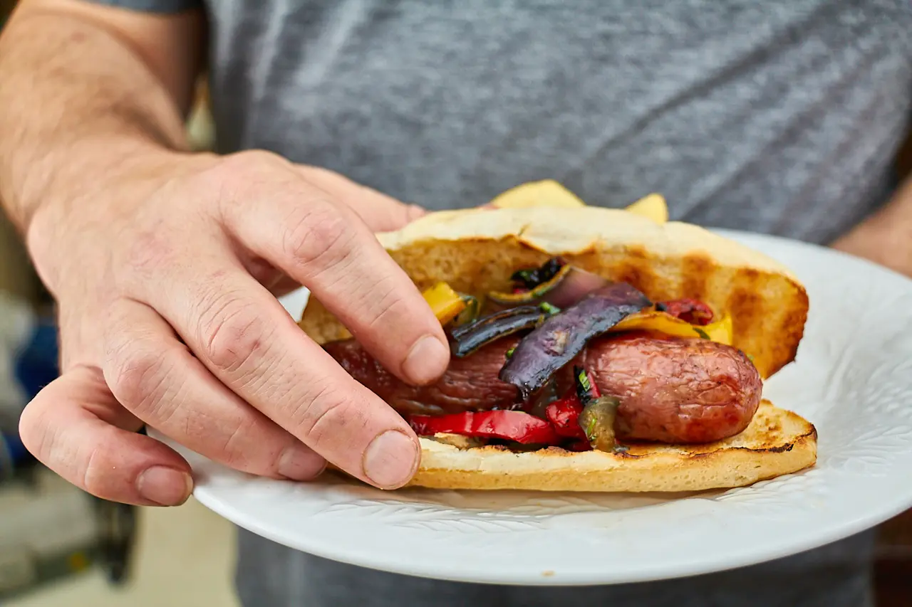Grilled Smithfield Craft Collection’s Yuengling Bratwurst with Roasted Veggies