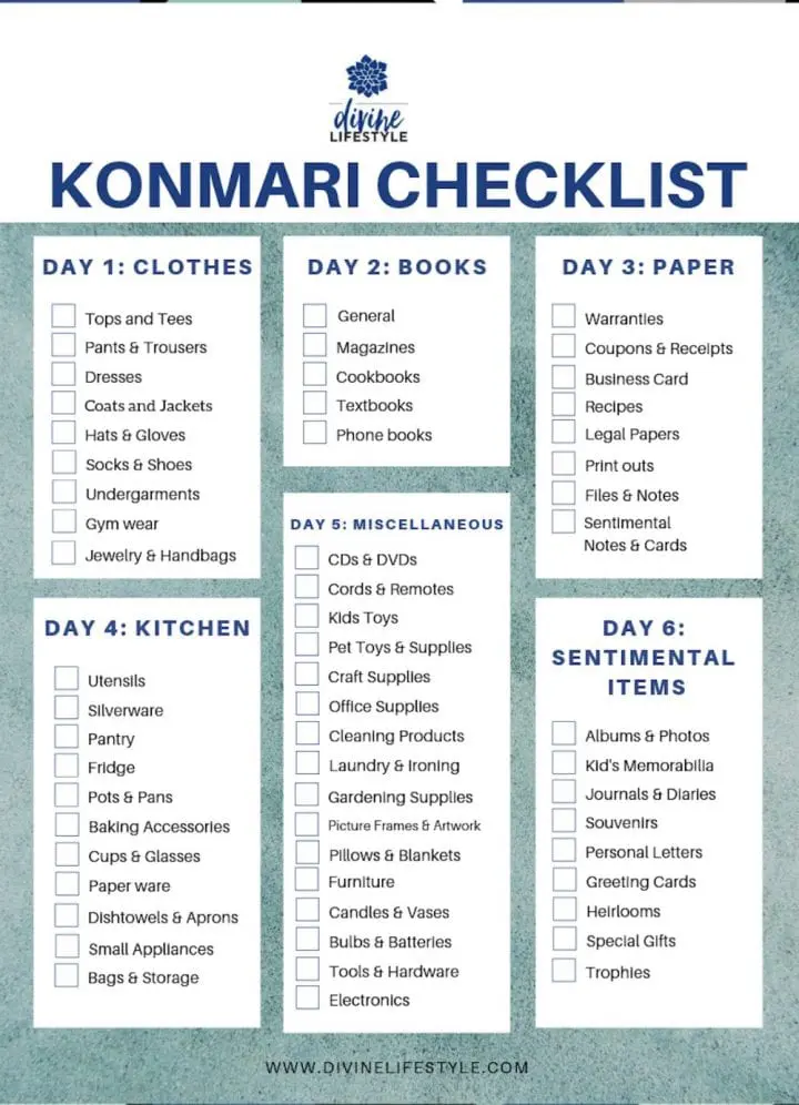 Tips for Decluttering Getting Organized and Sparking Joy from Marie Kondo with FREE Printable Checklist Konmari Checklist