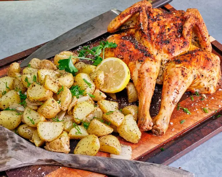 Best Air Fryer Whole Chicken Spatchcock Style with potatoes 