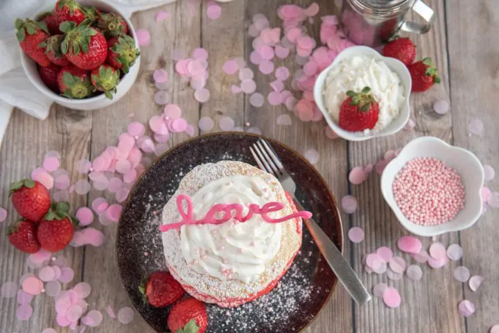 Valentine's Day LOVE Ombre Pancakes Recipe Top down 