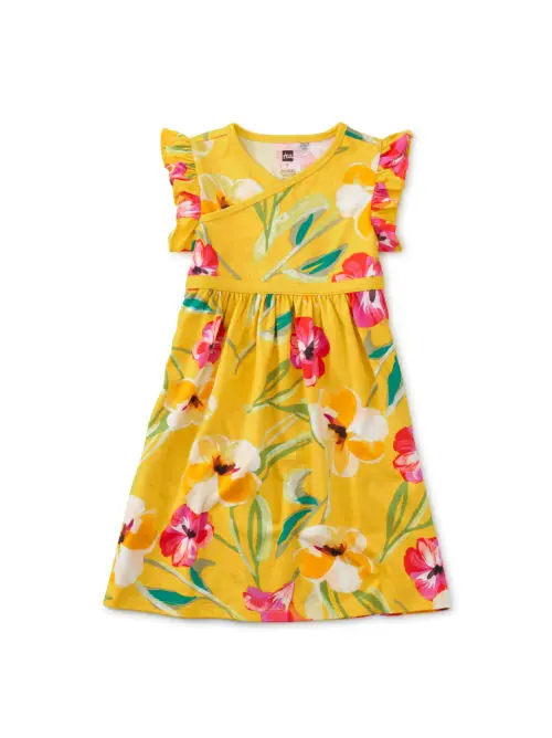 Wrap Neck Dress Painterly Hibiscus in Yellow