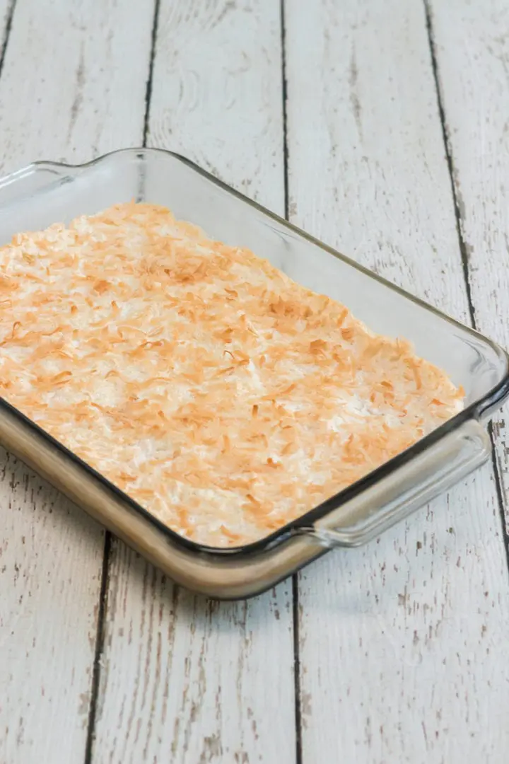 Coconut Meyer Lemon Bar Recipe with Crumb Topping in Baking Dish