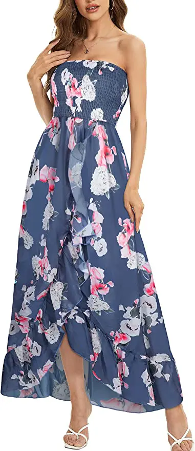 CHICGAL Women's Strapless Maxi Dresses for Summer Vacation Sundress Ruffle Long Beach Cover Ups Best amazon .com dresses flattering sundresses