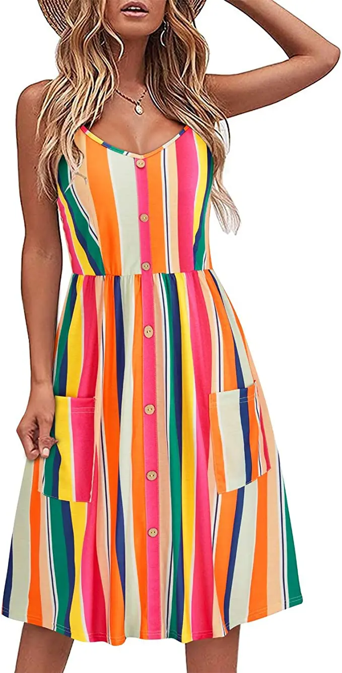 OUGES Women's Summer V Neck Sundress Spaghetti Strap Button Down Dress with Pockets Best Sundresses on Amazon