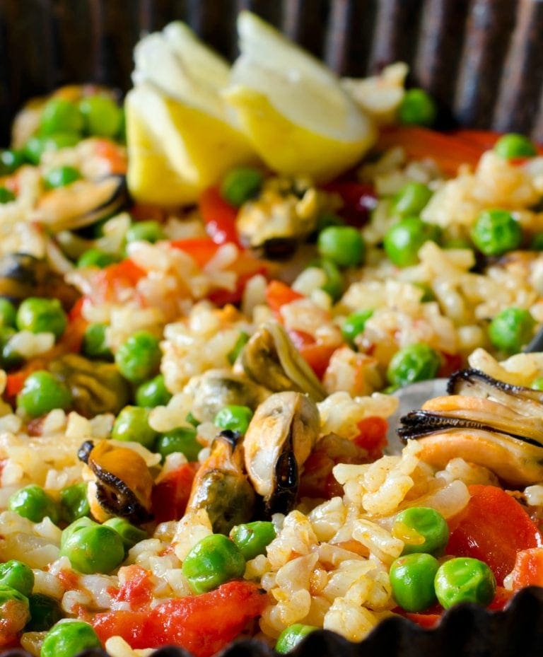 Lemon Seafood Paella Recipe Mussels Shrimp Fish Dinner