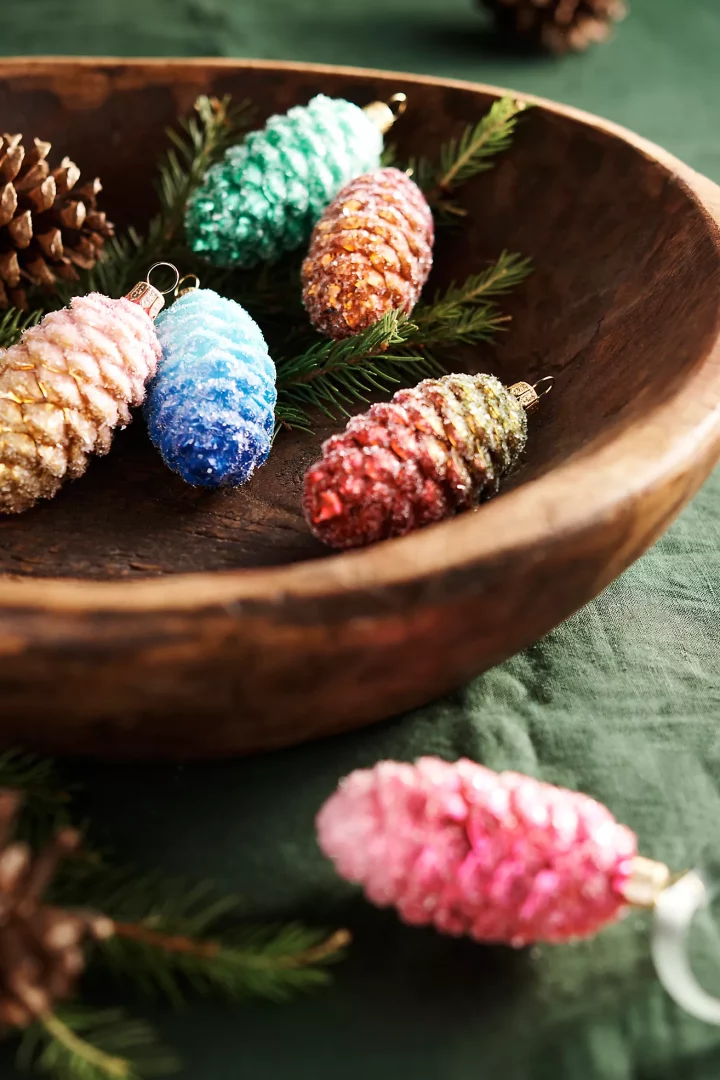 Colorful Glass Pine Cone Ornaments from Anthropologie turkey centerpieces table ideas