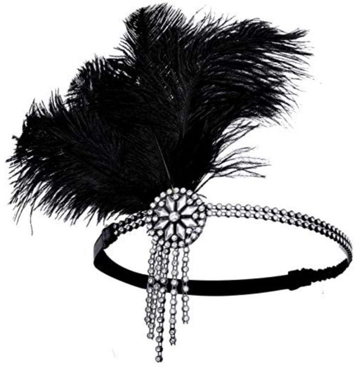 Roaring 20's Holiday Wear Black Feather Chain Headband Great Gatsby