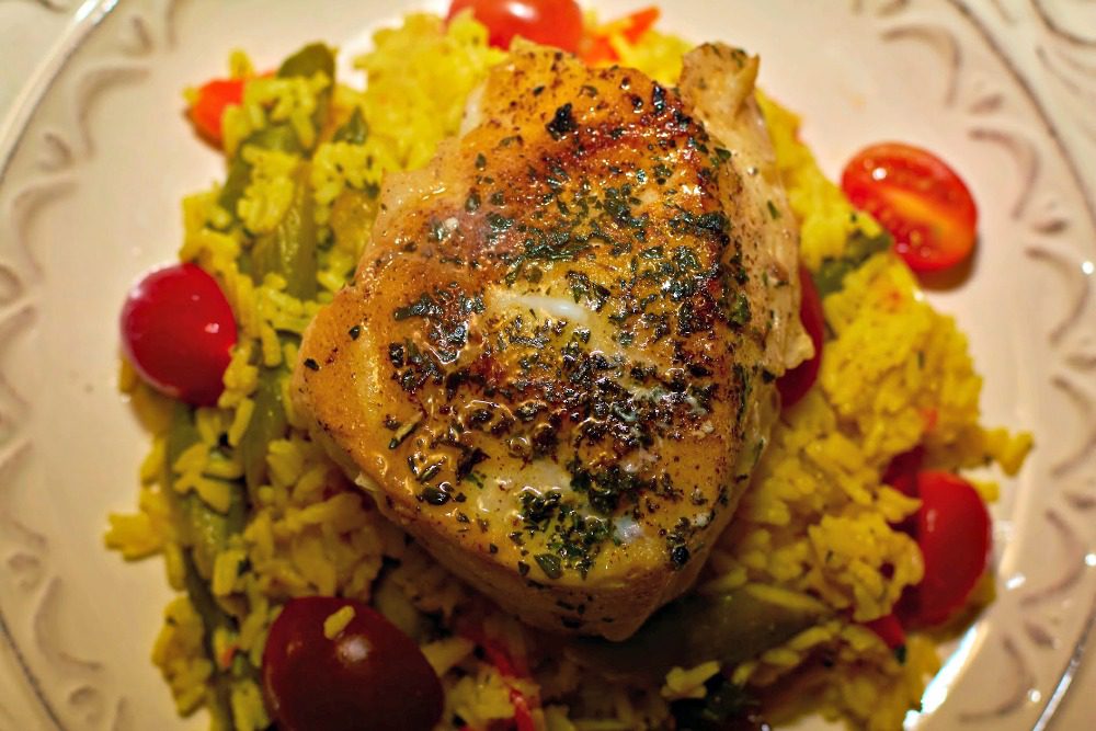 Herb Crusted Halibut with Saffron Rice