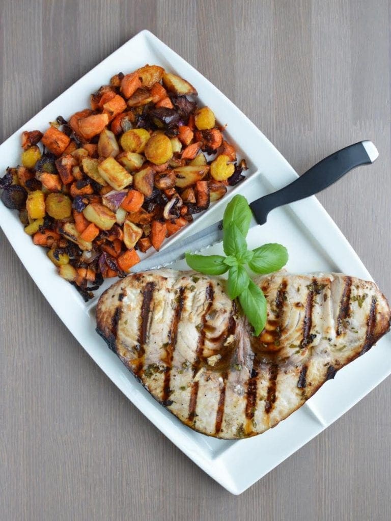Grilled Swordfish Recipe with Roasted Rainbow Vegetables