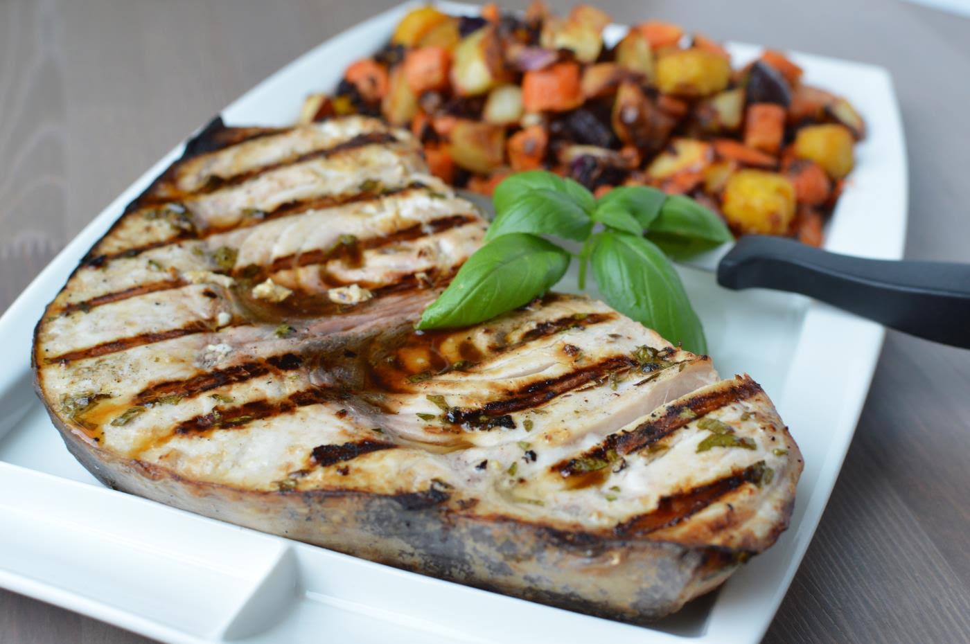 Grilled Swordfish Steak Recipe with Roasted Rainbow Vegetables