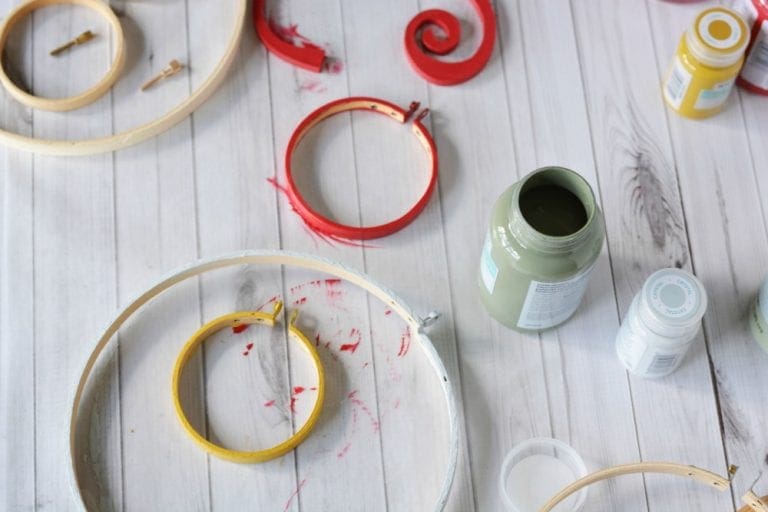 DIY Embroidery Hoop Gallery Wall with Fabric, Stencils and Paint