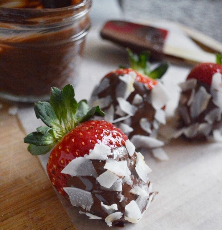 Dark Chocolate Covered Strawberries with Raw Flake Coconut