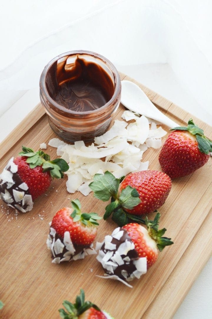 Dark Chocolate Covered Strawberries with Raw Flake Coconut