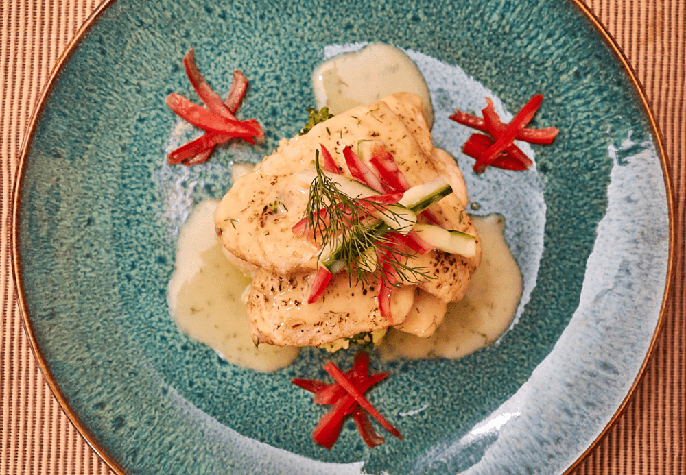 Dover Sole topped with Cucumber Dill Beurre blanc White Wine