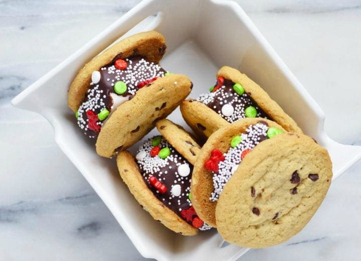 Holiday candy dipped cookie marshmallow sandwiches recipe