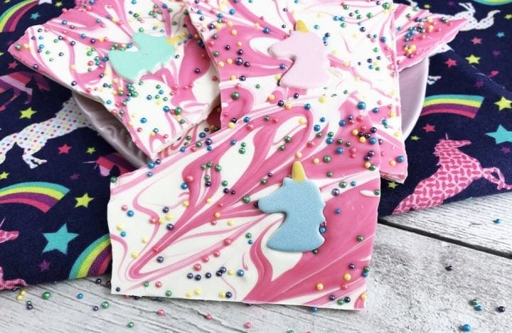 White and pink swirled unicorn bark.