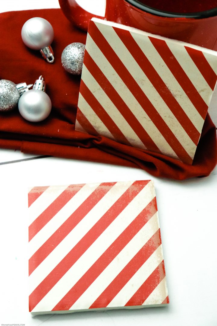 Easy DIY Red and White Striped Christmas Tile Coasters