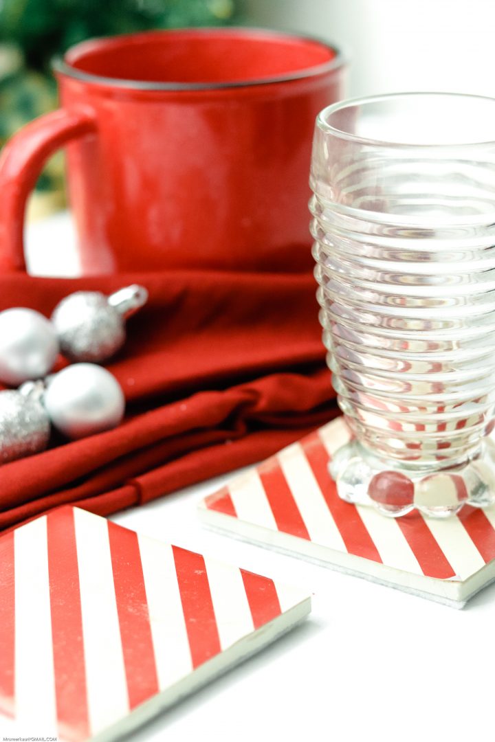 Easy DIY Red and White Striped Christmas Tile Coasters