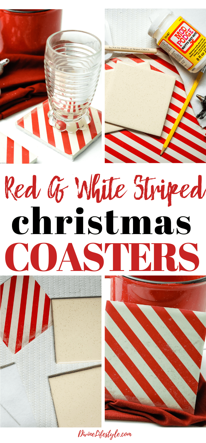 Easy DIY Red and White Striped Christmas Tile Coasters