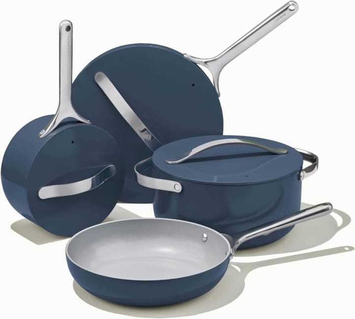 Caraway Nonstick Ceramic Cookware Set ( Piece) Pots Pans Lids and Kitchen Storage Non Toxic PTFE & PFOA Free Oven Safe & Compatible with All Stovetops (Gas Electric & Induction) Navy