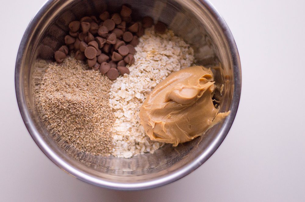 Chocolate chips, almond butter, rolled oats, ground chia seeds