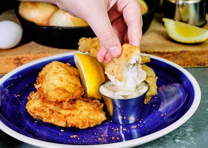 Sourdough Tempura Fried Pacific Cod - Fish dipped in Remoulade