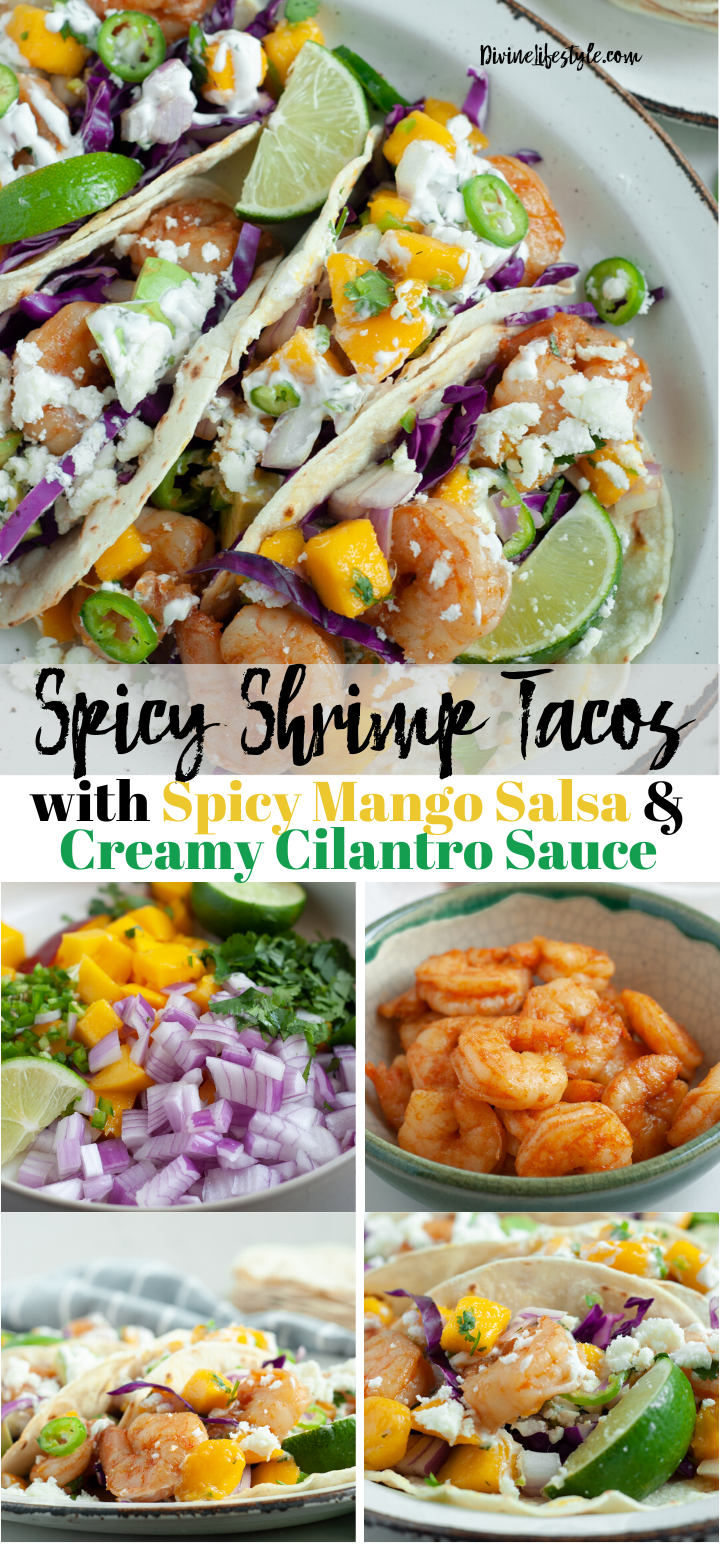 Spicy Sriracha Shrimp Tacos with Spicy Mango Salsa and Creamy Cilantro Sauce