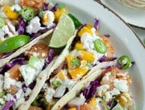 Spicy Sriracha Shrimp Tacos with Spicy Mango Salsa and Creamy Cilantro Sauce