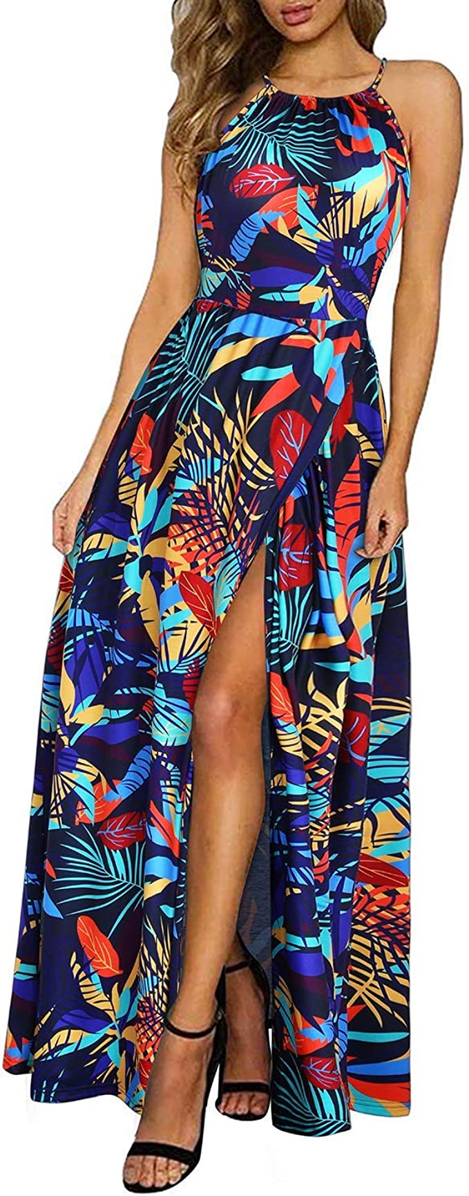 KILIG Women's 2023 Summer Maxi Dress Casual Floral Halter Neck Spring Beach Hawaiian Split Long Dress with Pockets