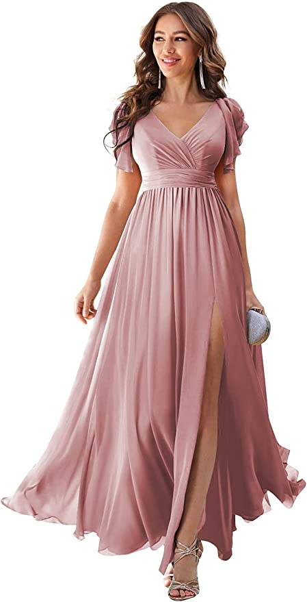 Loyeloy Women's V Neck Chiffon Short Sleeve Bridesmaid Dresses Long 2023 High Slit Pleated Formal Party Dress YJ071