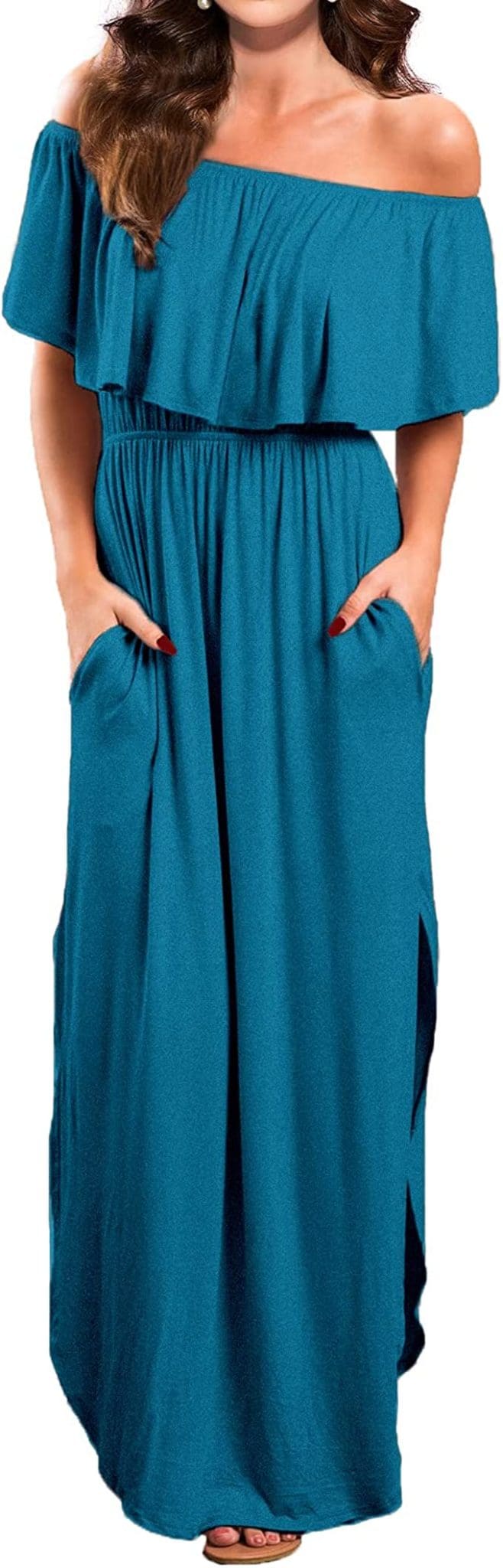 VERABENDI Women's Off Shoulder Summer Casual Long Ruffle Beach Maxi Dress with Pockets