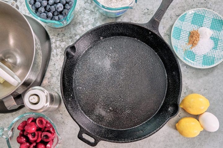 Cast Iron Cherry Blueberry Bread with Crumb Topping - Grease Skillet