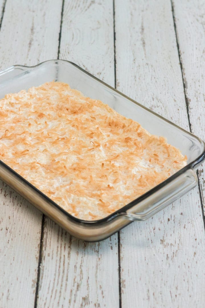Coconut Meyer Lemon Bar Recipe with Crumb Topping in Baking Dish