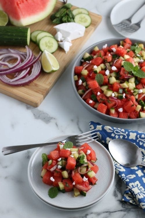 Easy Greek Style Watermelon Feta Mint Salad Recipe