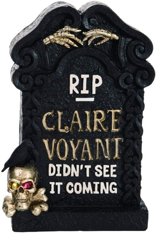 Light Up Black Tombstone for Claire Voyant with Golden Skulls