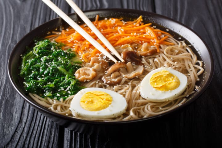 Asian food: soba soup with vegetables, shiitake mushrooms, egg a