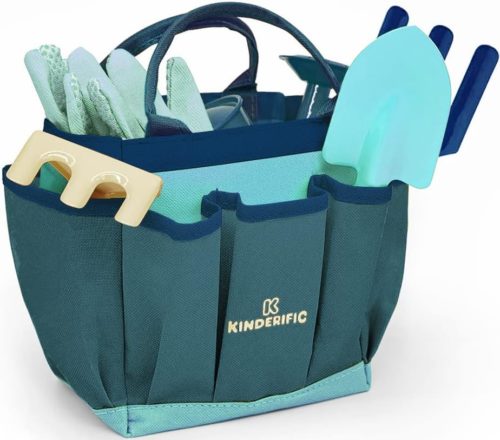 Amazon Kinderific Gardening Set Tool Kit for Toddlers and Kids Years and up STEM Includes Tote Bag Spade Watering Can Rake Fork Trowel and Glove (Blue)