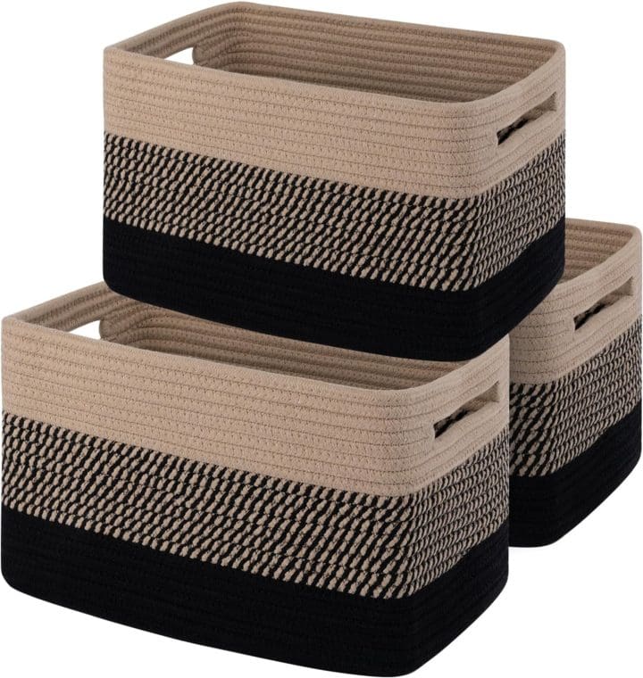 OIAHOMY Storage Basket Woven Baskets for Storage Cotton Rope Basket for toys Towel Baskets for Bathroom Pack of Black & Brown