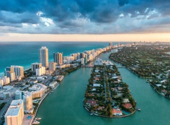 Miami Beach, wonderful aerial view of buildings, river and veget
