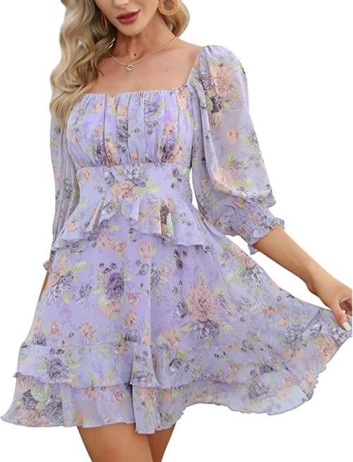 EXLURA Womens Floral Ruffle Sun Dress Sundress Tiered Square Neck Long Sleeve Off Shoulder Smocked Skater Mini Dress amazon .com dresses flattering sundresses