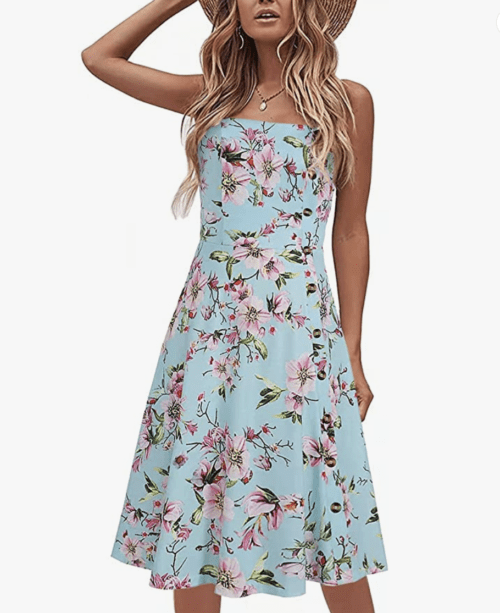 Liyinxi Women's Casual Summer Beach Flattering Flowy A-Line Spaghetti Straps Solid Cotton Button Down Midi Sundress amazon .com dresses flattering sundresses