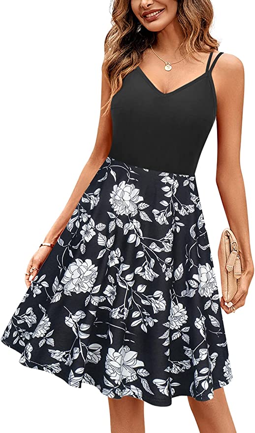 Moyabo Women's V Neck Sleeveless Floral Double Spaghetti Strap Summer Casual Swing Dress with Pockets
