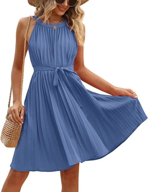 SAMPEEL Summer Dresses for Women Casual Halter Neck Sleeveless Pleated A Line Button Back with Belt amazon .com dresses flattering sundresses