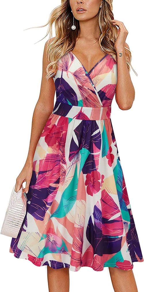 VOTEPRETTY Women's V Neck Floral Spaghetti Strap Sundress Casual Summer Party Swing Dress with Pocket amazon .com dresses flattering sundresses