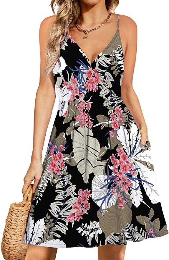WEACZZY Women's Summer Floral Spaghetti Strap Sundress Sleeveless V-Neck Swing Casual Dresses with Pockets Best Sundresses on Amazon