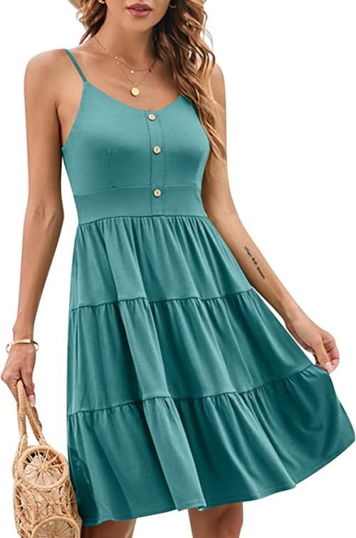 YATHON Sundresses for Women Casual Summer Beach Sleeveless Spaghetti Strap Dress Button Down Ruffle Flowy Pleated Dresses Most Flattering Sundresses