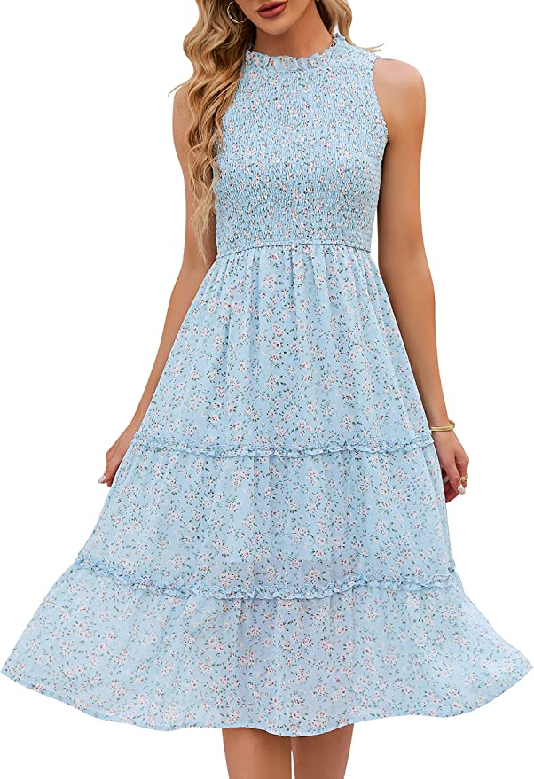 YATHON Women's Summer Casual Floral Sundress Halter Neck A-Line Elastic Waist Tiered Ruffle Cocktail Party Midi Swing Dresses Best Sundresses on Amazon