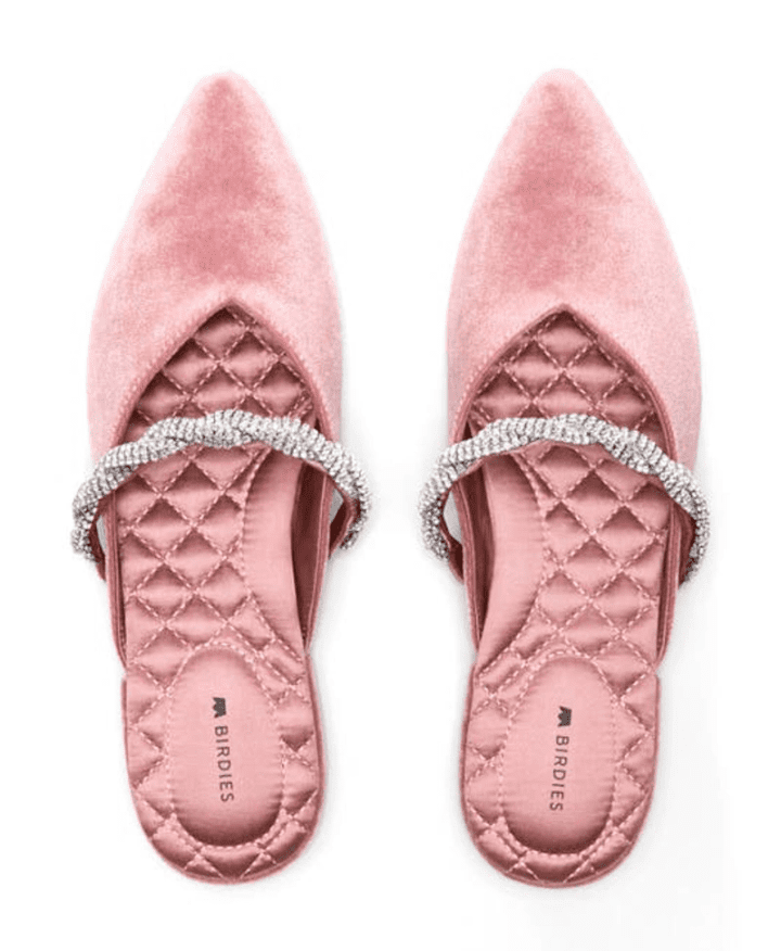 Birdies wide Swan pointed velvet flats in Blossom (pink) crystal