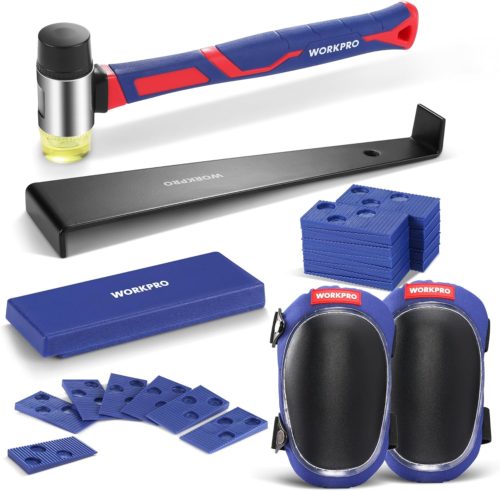 WORKPRO Laminate Flooring Installation Kit Rubber Mallet with Fiberglass Handle Knee Pads Heavy Duty Pull Bar Solid Tapping Block and Spacers