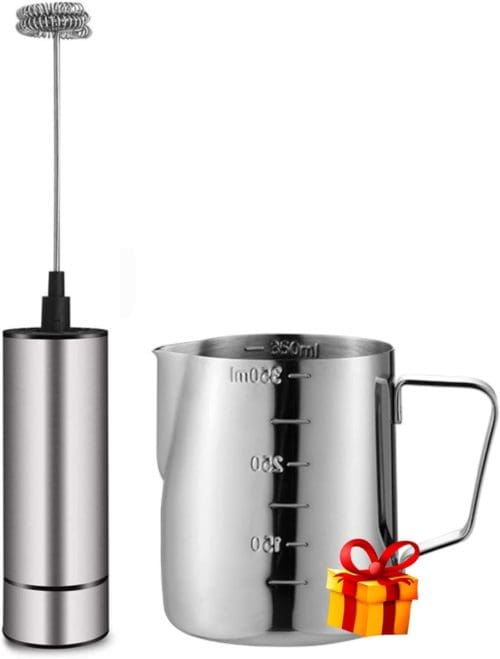 Milk Frother Handheld Battery Operated Coffee Frother for Milk Foaming Latte:Cappuccino Frother Mini Frappe Mixer for Drink Hot Chocolate Stainless Steel Silver